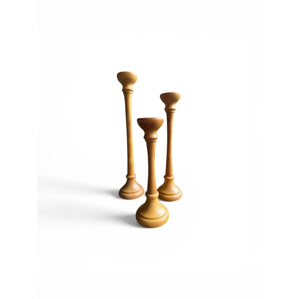 Mid Century Modern Pine Tapered Candlestick Trio Set 13.5